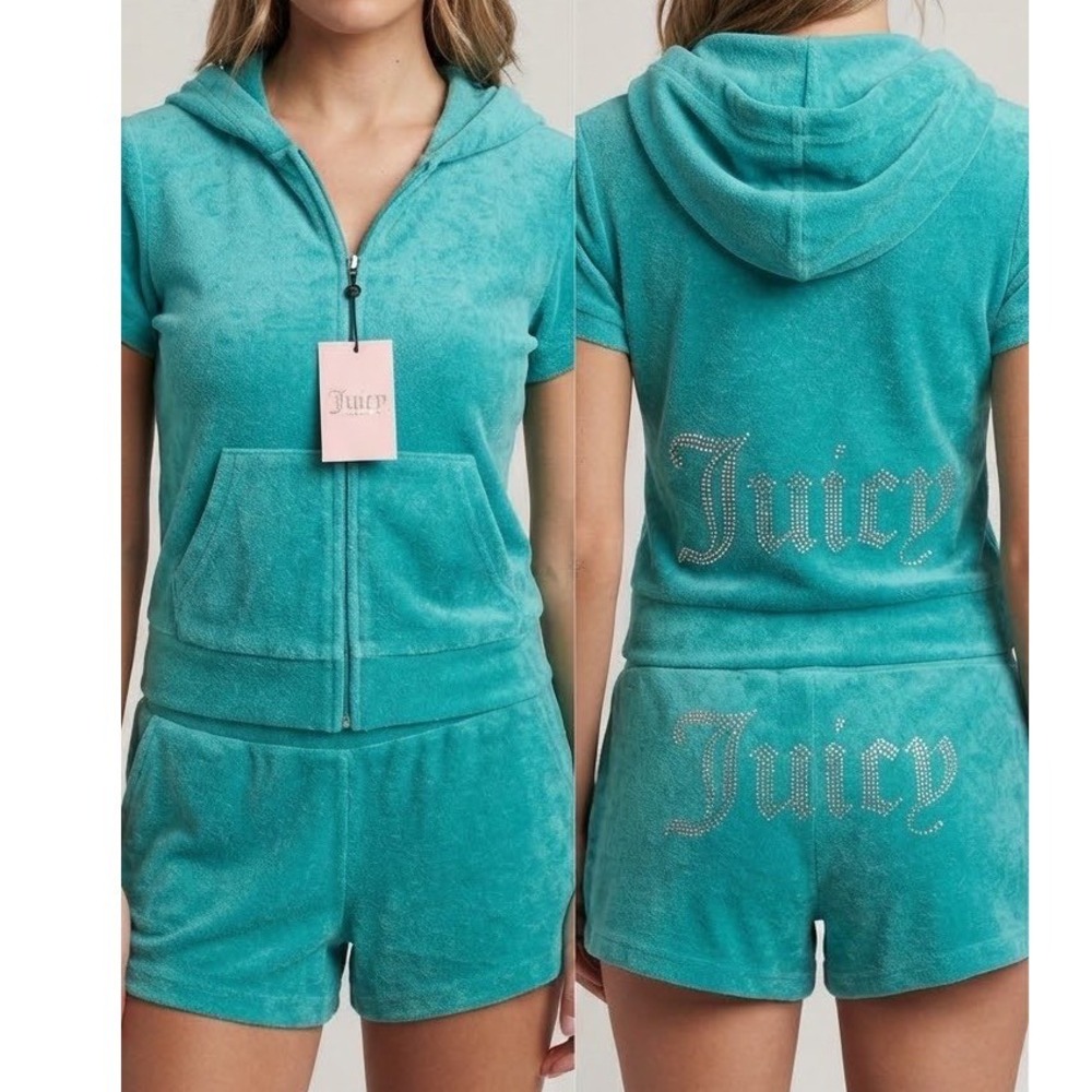 NWT Juicy Couture Terry Hoodie and Shorts Set Coastal Teal Rhinestone Large